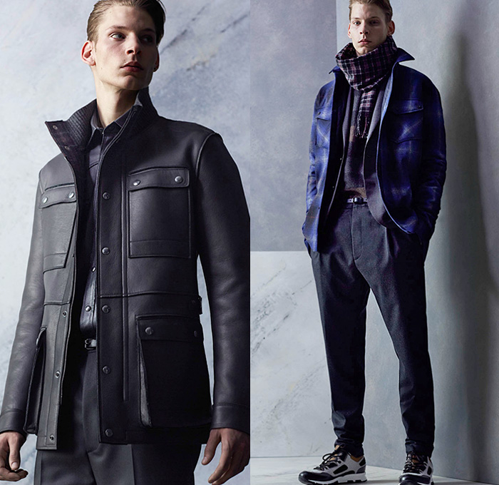 Lanvin 2014 Pre Fall Autumn Mens Lookbook - Paris France Pre Collection Pre Season Fashion - Plaid Checks Boots Stripes Multi-Panel Pants Trousers Sneakers Sweater Jumper Scarf Cargo Pockets Knit Stripes Cardigan Trainers Outerwear Field Jacket Leather Trench Coat Parka Furry Zebra Pattern Shearling Abstract Tuxedo Cocktail Smoking Jacket Suit