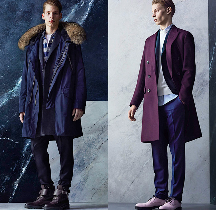 Lanvin 2014 Pre Fall Autumn Mens Lookbook - Paris France Pre Collection Pre Season Fashion - Plaid Checks Boots Stripes Multi-Panel Pants Trousers Sneakers Sweater Jumper Scarf Cargo Pockets Knit Stripes Cardigan Trainers Outerwear Field Jacket Leather Trench Coat Parka Furry Zebra Pattern Shearling Abstract Tuxedo Cocktail Smoking Jacket Suit