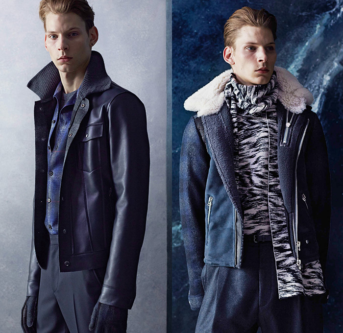 Lanvin 2014 Pre Fall Autumn Mens Lookbook - Paris France Pre Collection Pre Season Fashion - Plaid Checks Boots Stripes Multi-Panel Pants Trousers Sneakers Sweater Jumper Scarf Cargo Pockets Knit Stripes Cardigan Trainers Outerwear Field Jacket Leather Trench Coat Parka Furry Zebra Pattern Shearling Abstract Tuxedo Cocktail Smoking Jacket Suit