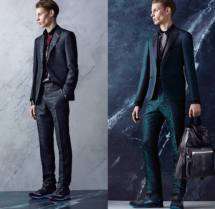 Lanvin 2014 Pre Fall Autumn Mens Lookbook - Paris France Pre Collection Pre Season Fashion - Plaid Checks Boots Stripes Multi-Panel Pants Trousers Sneakers Sweater Jumper Scarf Cargo Pockets Knit Stripes Cardigan Trainers Outerwear Field Jacket Leather Trench Coat Parka Furry Zebra Pattern Shearling Abstract Tuxedo Cocktail Smoking Jacket Suit