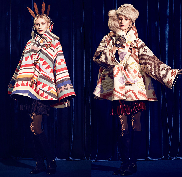 Lindsey Thornburg 2014-2015 Fall Autumn Winter Womens Lookbook Presentation - New York Fashion Show - Cape Cloak Poncho Ethnic Folk American Indian Western Ornamental Art Decorative Print Stripes Leggings Stockings Tights Boots Skirt Frock Hat Net Crown