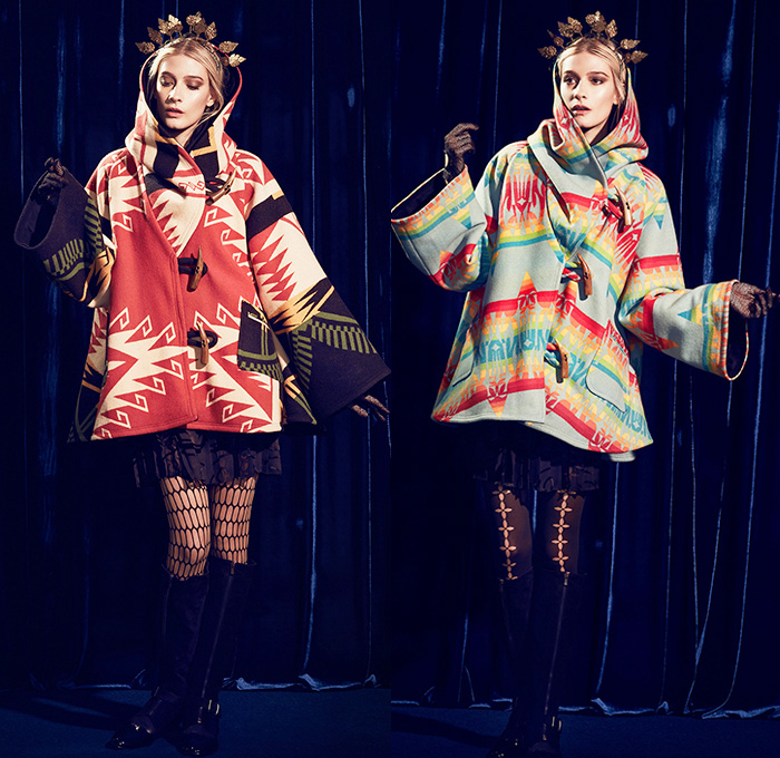 Lindsey Thornburg 2014-2015 Fall Autumn Winter Womens Lookbook Presentation - New York Fashion Show - Cape Cloak Poncho Ethnic Folk American Indian Western Ornamental Art Decorative Print Stripes Leggings Stockings Tights Boots Skirt Frock Hat Net Crown