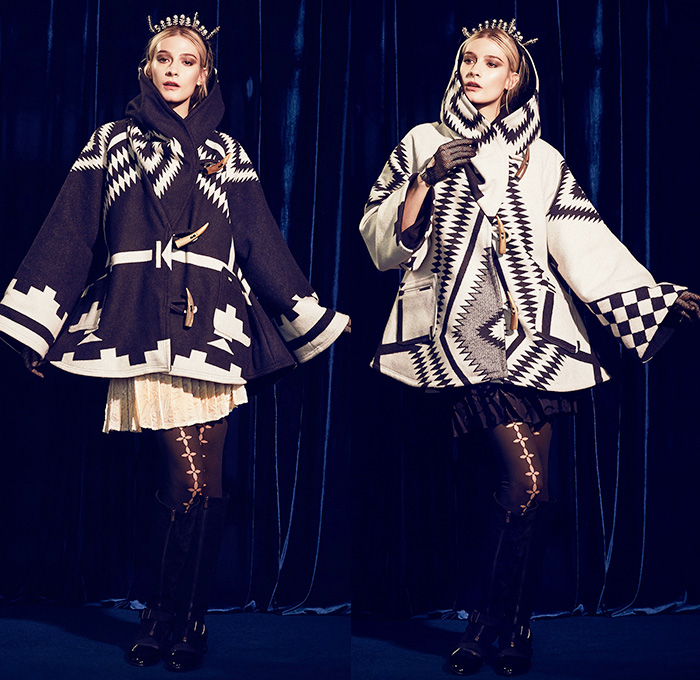 Lindsey Thornburg 2014-2015 Fall Autumn Winter Womens Lookbook Presentation - New York Fashion Show - Cape Cloak Poncho Ethnic Folk American Indian Western Ornamental Art Decorative Print Stripes Leggings Stockings Tights Boots Skirt Frock Hat Net Crown