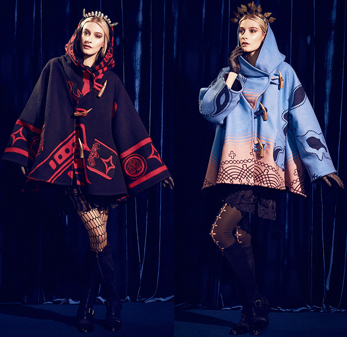 Lindsey Thornburg 2014-2015 Fall Autumn Winter Womens Lookbook Presentation - New York Fashion Show - Cape Cloak Poncho Ethnic Folk American Indian Western Ornamental Art Decorative Print Stripes Leggings Stockings Tights Boots Skirt Frock Hat Net Crown