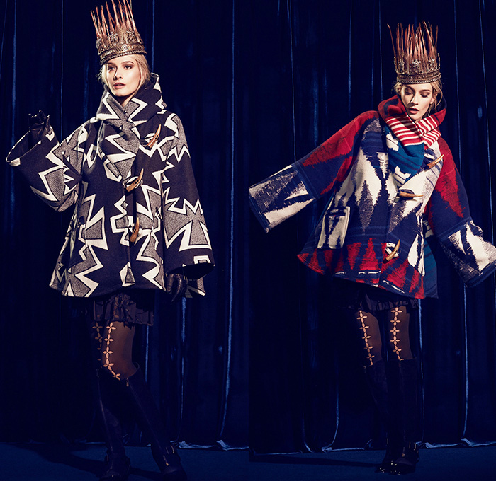 Lindsey Thornburg 2014-2015 Fall Autumn Winter Womens Lookbook Presentation - New York Fashion Show - Cape Cloak Poncho Ethnic Folk American Indian Western Ornamental Art Decorative Print Stripes Leggings Stockings Tights Boots Skirt Frock Hat Net Crown