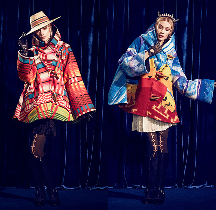 Lindsey Thornburg 2014-2015 Fall Autumn Winter Womens Lookbook Presentation - New York Fashion Show - Cape Cloak Poncho Ethnic Folk American Indian Western Ornamental Art Decorative Print Stripes Leggings Stockings Tights Boots Skirt Frock Hat Net Crown