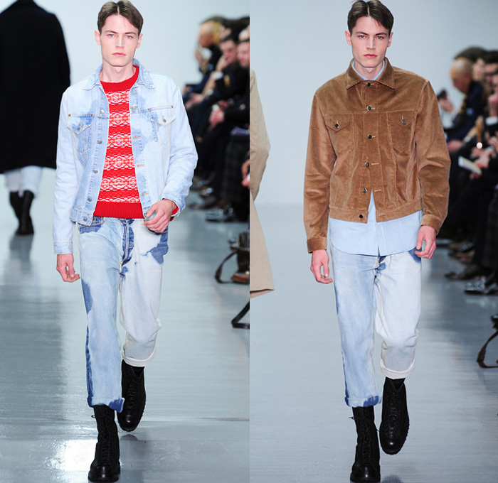 Lou Dalton 2014-2015 Fall Autumn Winter Mens Runway Looks Fashion - London Collections - Retro Faded Acid Wash Denim Jeans Cow Pattern Trucker Jacket Turtleneck Scarf Oversized Outerwear Trench Coat Knit Camouflage Print