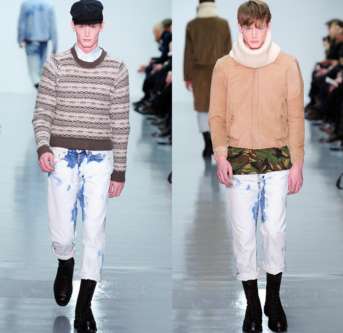 Lou Dalton 2014-2015 Fall Autumn Winter Mens Runway Looks Fashion - London Collections - Retro Faded Acid Wash Denim Jeans Cow Pattern Trucker Jacket Turtleneck Scarf Oversized Outerwear Trench Coat Knit Camouflage Print