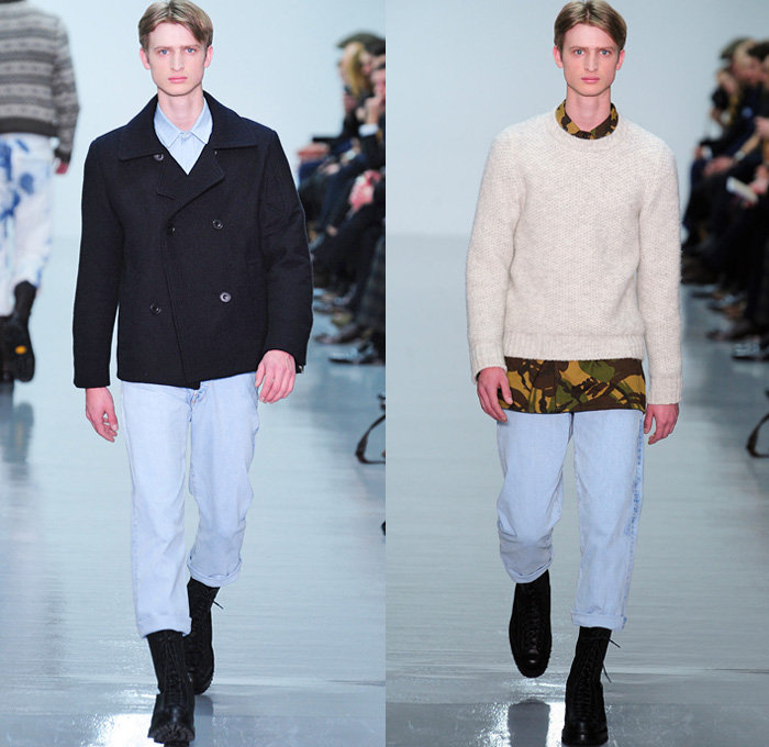 Lou Dalton 2014-2015 Fall Autumn Winter Mens Runway Looks Fashion - London Collections - Retro Faded Acid Wash Denim Jeans Cow Pattern Trucker Jacket Turtleneck Scarf Oversized Outerwear Trench Coat Knit Camouflage Print