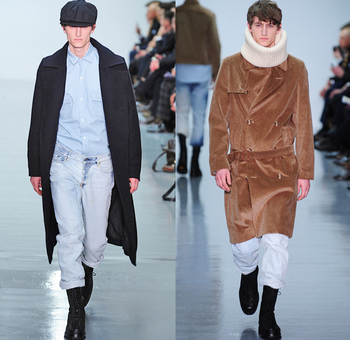 Lou Dalton 2014-2015 Fall Autumn Winter Mens Runway Looks Fashion - London Collections - Retro Faded Acid Wash Denim Jeans Cow Pattern Trucker Jacket Turtleneck Scarf Oversized Outerwear Trench Coat Knit Camouflage Print