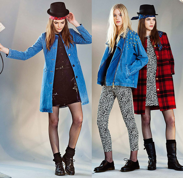 Love Moschino 2014-2015 Fall Autumn Winter Womens Lookbook Collection - Denim Jeans Onesie Boiler Suit Jumpsuit Coveralls Plaid Turtleneck Dress Grunge Rock n Roll Colorblock Cargo Pockets Pantsuit Flowers Florals Skirt Frock Hat Fedora Patchwork Motorcycle Rider Destroyed Destructed Ripped Illustration Graphic Outerwear Trench Coat Cardigan Bikerdress Cow Stripes Boots Bomber Jacket Parka Hoodie Ruffles