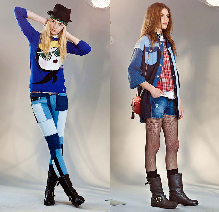 Love Moschino 2014-2015 Fall Autumn Winter Womens Lookbook Collection - Denim Jeans Onesie Boiler Suit Jumpsuit Coveralls Plaid Turtleneck Dress Grunge Rock n Roll Colorblock Cargo Pockets Pantsuit Flowers Florals Skirt Frock Hat Fedora Patchwork Motorcycle Rider Destroyed Destructed Ripped Illustration Graphic Outerwear Trench Coat Cardigan Bikerdress Cow Stripes Boots Bomber Jacket Parka Hoodie Ruffles