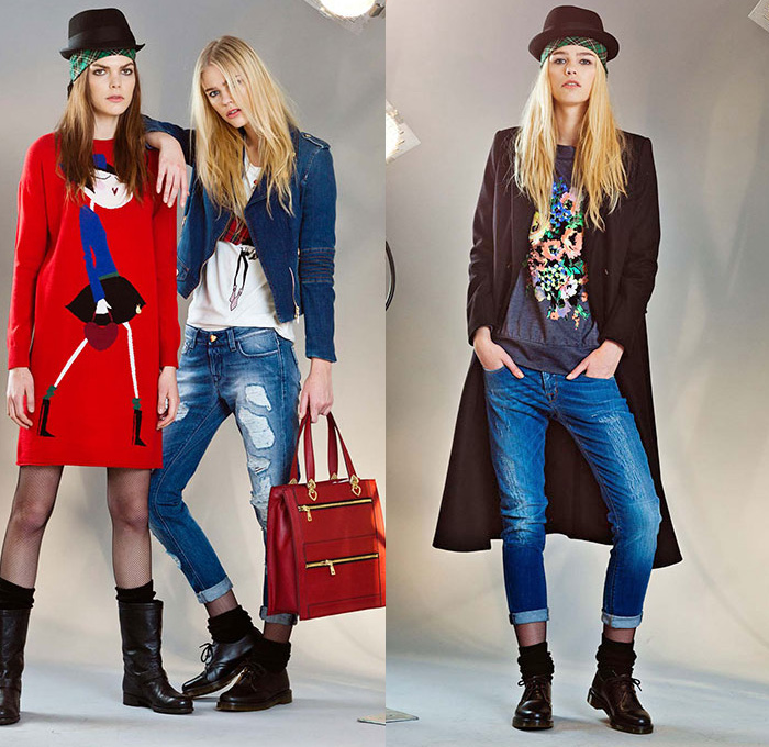 Love Moschino 2014-2015 Fall Autumn Winter Womens Lookbook Collection - Denim Jeans Onesie Boiler Suit Jumpsuit Coveralls Plaid Turtleneck Dress Grunge Rock n Roll Colorblock Cargo Pockets Pantsuit Flowers Florals Skirt Frock Hat Fedora Patchwork Motorcycle Rider Destroyed Destructed Ripped Illustration Graphic Outerwear Trench Coat Cardigan Bikerdress Cow Stripes Boots Bomber Jacket Parka Hoodie Ruffles