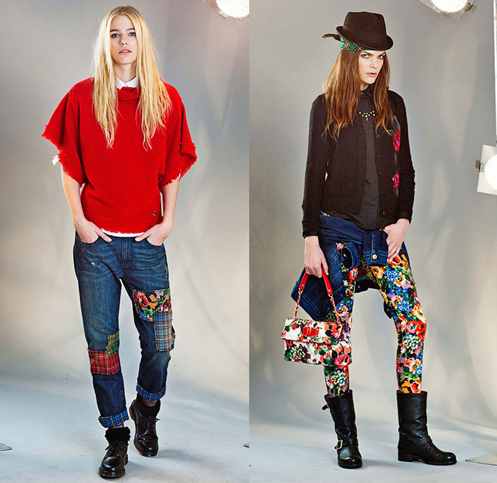 Love Moschino 2014-2015 Fall Autumn Winter Womens Lookbook Collection - Denim Jeans Onesie Boiler Suit Jumpsuit Coveralls Plaid Turtleneck Dress Grunge Rock n Roll Colorblock Cargo Pockets Pantsuit Flowers Florals Skirt Frock Hat Fedora Patchwork Motorcycle Rider Destroyed Destructed Ripped Illustration Graphic Outerwear Trench Coat Cardigan Bikerdress Cow Stripes Boots Bomber Jacket Parka Hoodie Ruffles