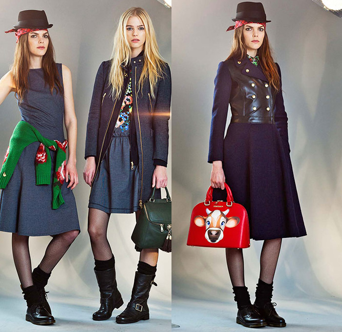 Love Moschino 2014-2015 Fall Autumn Winter Womens Lookbook Collection - Denim Jeans Onesie Boiler Suit Jumpsuit Coveralls Plaid Turtleneck Dress Grunge Rock n Roll Colorblock Cargo Pockets Pantsuit Flowers Florals Skirt Frock Hat Fedora Patchwork Motorcycle Rider Destroyed Destructed Ripped Illustration Graphic Outerwear Trench Coat Cardigan Bikerdress Cow Stripes Boots Bomber Jacket Parka Hoodie Ruffles