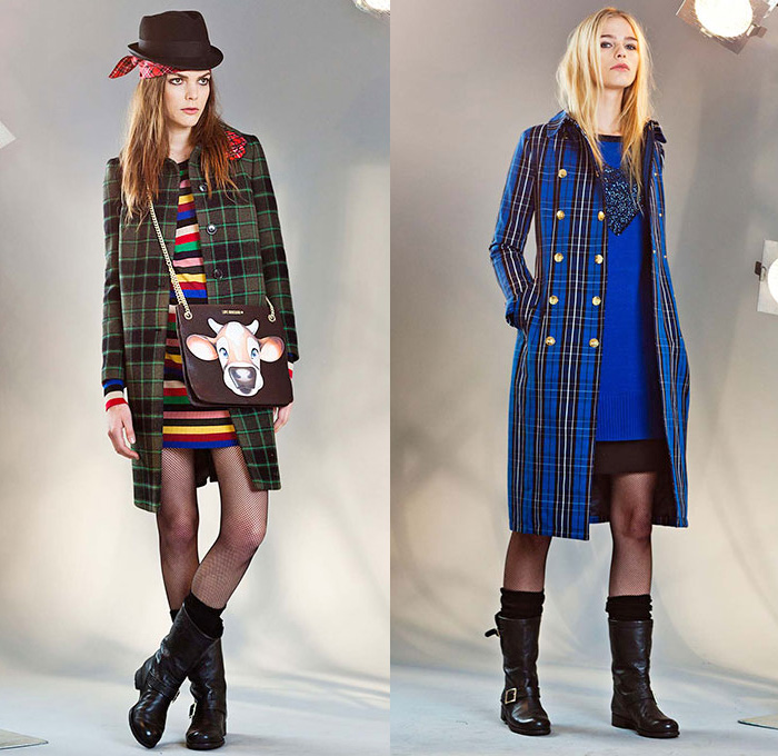 Love Moschino 2014-2015 Fall Autumn Winter Womens Lookbook Collection - Denim Jeans Onesie Boiler Suit Jumpsuit Coveralls Plaid Turtleneck Dress Grunge Rock n Roll Colorblock Cargo Pockets Pantsuit Flowers Florals Skirt Frock Hat Fedora Patchwork Motorcycle Rider Destroyed Destructed Ripped Illustration Graphic Outerwear Trench Coat Cardigan Bikerdress Cow Stripes Boots Bomber Jacket Parka Hoodie Ruffles