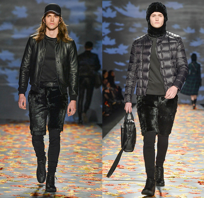 Mackage 2014-2015 Fall Autumn Winter Mens Runway Looks - World MasterCard Fashion Week Toronto Canada Catwalk Fashion Show - Shorts Over Leggings Bomber Jacket Outerwear Coat Furry Cap Puffer Down Jacket Coif Hat Camouflage Stripes Headphones Multi-Panel Parka Hoodie Gloves Quilted Leather Motorcycle Biker Rider Peacoat Backpack Briefcase Plaid Tartan Jogging Sweatpants