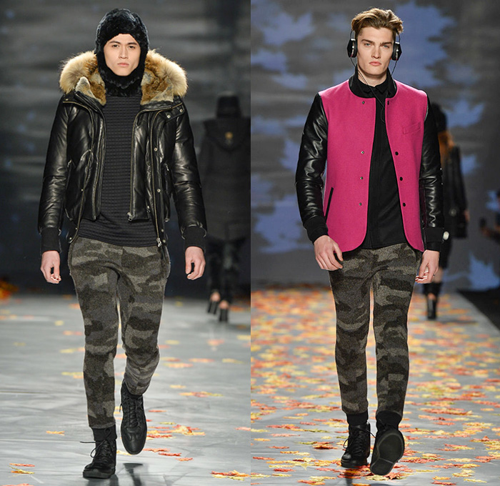 Mackage 2014-2015 Fall Autumn Winter Mens Runway Looks - World MasterCard Fashion Week Toronto Canada Catwalk Fashion Show - Shorts Over Leggings Bomber Jacket Outerwear Coat Furry Cap Puffer Down Jacket Coif Hat Camouflage Stripes Headphones Multi-Panel Parka Hoodie Gloves Quilted Leather Motorcycle Biker Rider Peacoat Backpack Briefcase Plaid Tartan Jogging Sweatpants