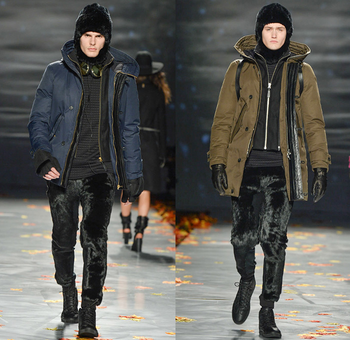 Mackage 2014-2015 Fall Autumn Winter Mens Runway Looks - World MasterCard Fashion Week Toronto Canada Catwalk Fashion Show - Shorts Over Leggings Bomber Jacket Outerwear Coat Furry Cap Puffer Down Jacket Coif Hat Camouflage Stripes Headphones Multi-Panel Parka Hoodie Gloves Quilted Leather Motorcycle Biker Rider Peacoat Backpack Briefcase Plaid Tartan Jogging Sweatpants