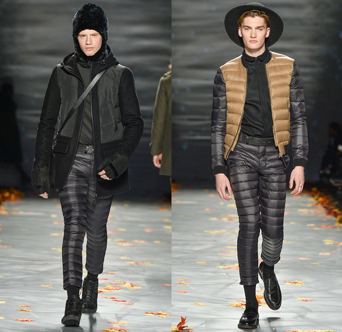 Mackage 2014-2015 Fall Autumn Winter Mens Runway Looks - World MasterCard Fashion Week Toronto Canada Catwalk Fashion Show - Shorts Over Leggings Bomber Jacket Outerwear Coat Furry Cap Puffer Down Jacket Coif Hat Camouflage Stripes Headphones Multi-Panel Parka Hoodie Gloves Quilted Leather Motorcycle Biker Rider Peacoat Backpack Briefcase Plaid Tartan Jogging Sweatpants