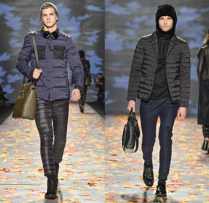 Mackage 2014-2015 Fall Autumn Winter Mens Runway Looks - World MasterCard Fashion Week Toronto Canada Catwalk Fashion Show - Shorts Over Leggings Bomber Jacket Outerwear Coat Furry Cap Puffer Down Jacket Coif Hat Camouflage Stripes Headphones Multi-Panel Parka Hoodie Gloves Quilted Leather Motorcycle Biker Rider Peacoat Backpack Briefcase Plaid Tartan Jogging Sweatpants