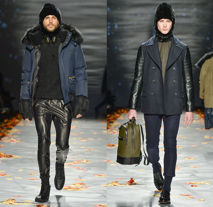 Mackage 2014-2015 Fall Autumn Winter Mens Runway Looks - World MasterCard Fashion Week Toronto Canada Catwalk Fashion Show - Shorts Over Leggings Bomber Jacket Outerwear Coat Furry Cap Puffer Down Jacket Coif Hat Camouflage Stripes Headphones Multi-Panel Parka Hoodie Gloves Quilted Leather Motorcycle Biker Rider Peacoat Backpack Briefcase Plaid Tartan Jogging Sweatpants