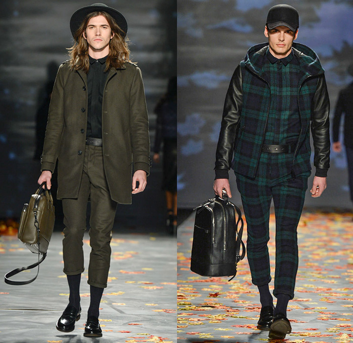 Mackage 2014-2015 Fall Autumn Winter Mens Runway Looks - World MasterCard Fashion Week Toronto Canada Catwalk Fashion Show - Shorts Over Leggings Bomber Jacket Outerwear Coat Furry Cap Puffer Down Jacket Coif Hat Camouflage Stripes Headphones Multi-Panel Parka Hoodie Gloves Quilted Leather Motorcycle Biker Rider Peacoat Backpack Briefcase Plaid Tartan Jogging Sweatpants