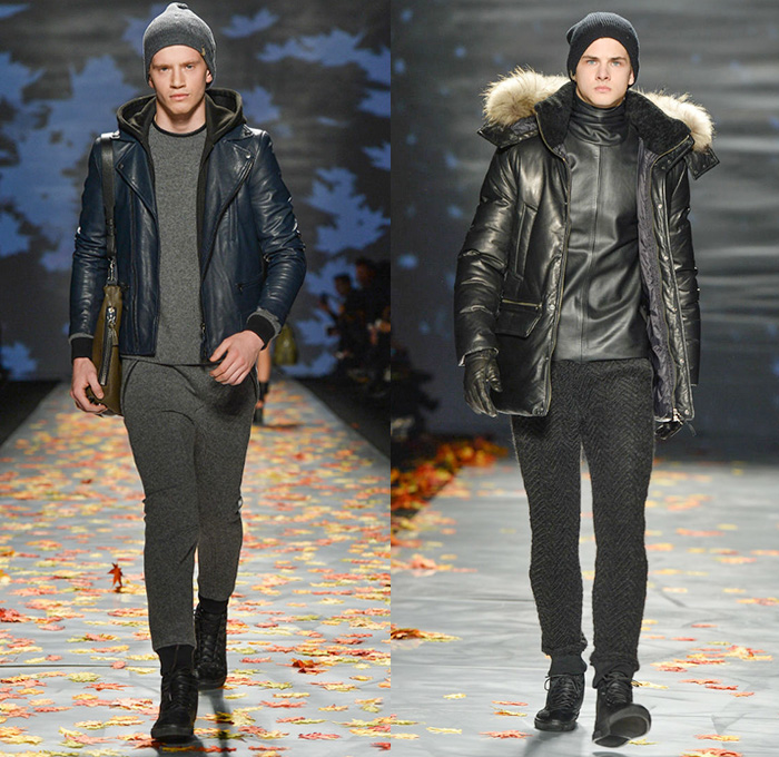 Mackage 2014-2015 Fall Autumn Winter Mens Runway Looks - World MasterCard Fashion Week Toronto Canada Catwalk Fashion Show - Shorts Over Leggings Bomber Jacket Outerwear Coat Furry Cap Puffer Down Jacket Coif Hat Camouflage Stripes Headphones Multi-Panel Parka Hoodie Gloves Quilted Leather Motorcycle Biker Rider Peacoat Backpack Briefcase Plaid Tartan Jogging Sweatpants