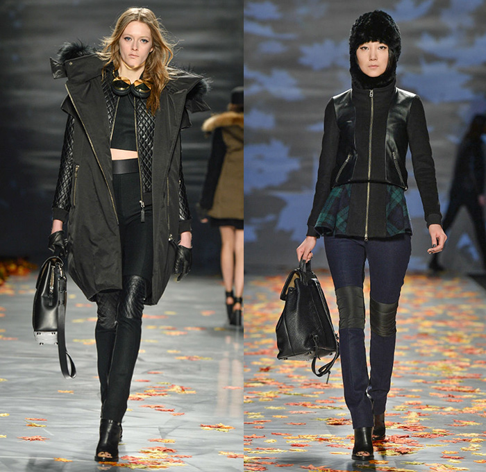 Mackage 2014-2015 Fall Autumn Winter Womens Runway Looks - World MasterCard Fashion Week Toronto Canada Catwalk Fashion Show - Motorcycle Biker Rider Knee Panel Waffle Quilted Headphones Outerwear Coat Parka Jacket Crop Top Midriff Gloves Hoodie Plaid Tartan Peplum Furry Jogging Sweatpants Hat Coatdress Trenchdress Dress Skirt Frock Bomber Jacket Camo Camouflage