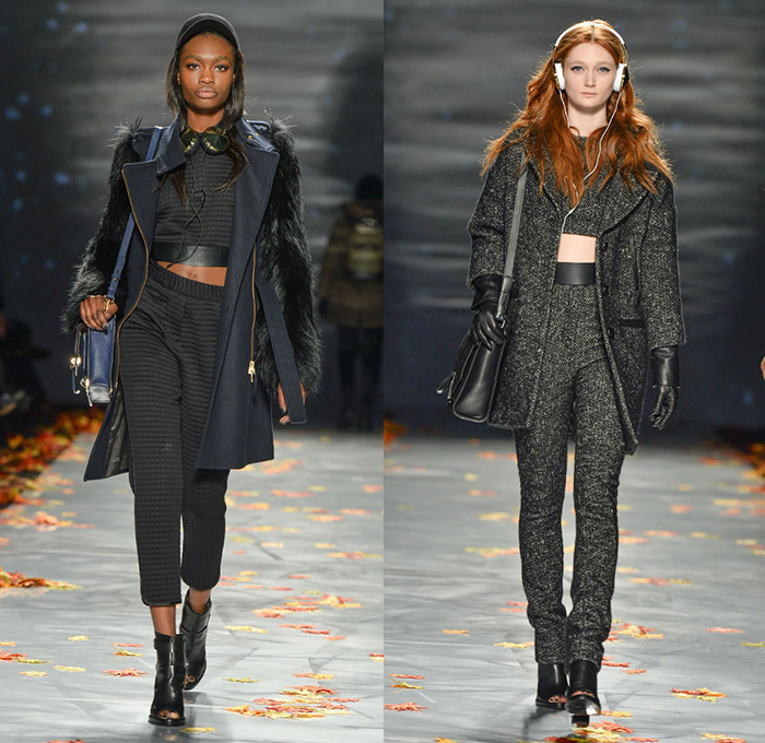 Mackage 2014-2015 Fall Autumn Winter Womens Runway Looks - World MasterCard Fashion Week Toronto Canada Catwalk Fashion Show - Motorcycle Biker Rider Knee Panel Waffle Quilted Headphones Outerwear Coat Parka Jacket Crop Top Midriff Gloves Hoodie Plaid Tartan Peplum Furry Jogging Sweatpants Hat Coatdress Trenchdress Dress Skirt Frock Bomber Jacket Camo Camouflage