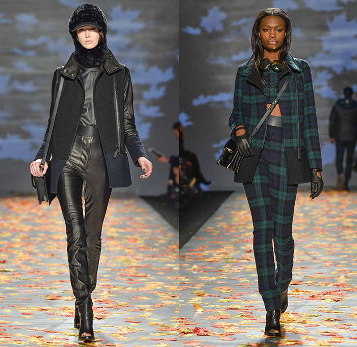 Mackage 2014-2015 Fall Autumn Winter Womens Runway Looks - World MasterCard Fashion Week Toronto Canada Catwalk Fashion Show - Motorcycle Biker Rider Knee Panel Waffle Quilted Headphones Outerwear Coat Parka Jacket Crop Top Midriff Gloves Hoodie Plaid Tartan Peplum Furry Jogging Sweatpants Hat Coatdress Trenchdress Dress Skirt Frock Bomber Jacket Camo Camouflage