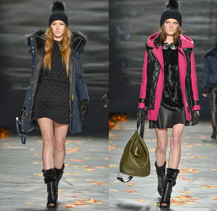 Mackage 2014-2015 Fall Autumn Winter Womens Runway Looks - World MasterCard Fashion Week Toronto Canada Catwalk Fashion Show - Motorcycle Biker Rider Knee Panel Waffle Quilted Headphones Outerwear Coat Parka Jacket Crop Top Midriff Gloves Hoodie Plaid Tartan Peplum Furry Jogging Sweatpants Hat Coatdress Trenchdress Dress Skirt Frock Bomber Jacket Camo Camouflage