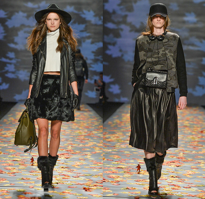 Mackage 2014-2015 Fall Autumn Winter Womens Runway Looks - World MasterCard Fashion Week Toronto Canada Catwalk Fashion Show - Motorcycle Biker Rider Knee Panel Waffle Quilted Headphones Outerwear Coat Parka Jacket Crop Top Midriff Gloves Hoodie Plaid Tartan Peplum Furry Jogging Sweatpants Hat Coatdress Trenchdress Dress Skirt Frock Bomber Jacket Camo Camouflage