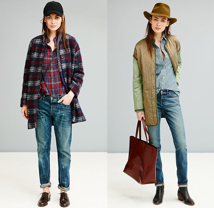 Madewell 2014-2015 Fall Autumn Winter Womens Lookbook Collection - Denim Jeans Thigh Panel Patchwork Frayed Retro Fade Skinny Skirt Plaid Motorcycle Biker Outerwear Jacket Leather Ankle Boots Culottes Gauchos Wide Leg Pants Trousers Palazzo Pants Quilted Down Jacket Down Coat Sweater Jumper Knit Shearling Onesie Jumpsuit Boiler Suit Coveralls Jogging Sweatpants Handkerchief Hem Frock Windowpane Check