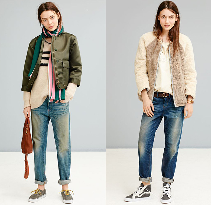 Madewell 2014-2015 Fall Autumn Winter Womens Lookbook Collection - Denim Jeans Thigh Panel Patchwork Frayed Retro Fade Skinny Skirt Plaid Motorcycle Biker Outerwear Jacket Leather Ankle Boots Culottes Gauchos Wide Leg Pants Trousers Palazzo Pants Quilted Down Jacket Down Coat Sweater Jumper Knit Shearling Onesie Jumpsuit Boiler Suit Coveralls Jogging Sweatpants Handkerchief Hem Frock Windowpane Check
