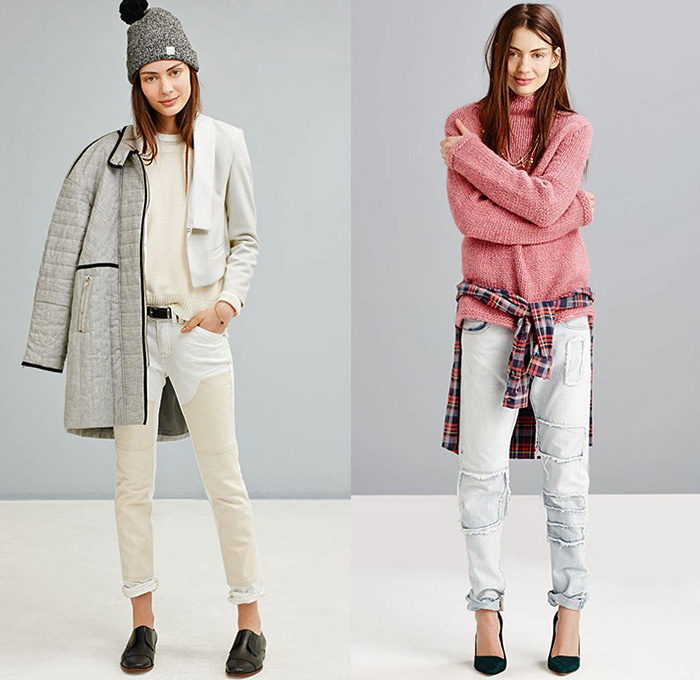 Madewell 2014-2015 Fall Autumn Winter Womens Lookbook Collection - Denim Jeans Thigh Panel Patchwork Frayed Retro Fade Skinny Skirt Plaid Motorcycle Biker Outerwear Jacket Leather Ankle Boots Culottes Gauchos Wide Leg Pants Trousers Palazzo Pants Quilted Down Jacket Down Coat Sweater Jumper Knit Shearling Onesie Jumpsuit Boiler Suit Coveralls Jogging Sweatpants Handkerchief Hem Frock Windowpane Check