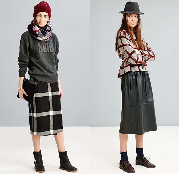 Madewell 2014-2015 Fall Autumn Winter Womens Lookbook Collection - Denim Jeans Thigh Panel Patchwork Frayed Retro Fade Skinny Skirt Plaid Motorcycle Biker Outerwear Jacket Leather Ankle Boots Culottes Gauchos Wide Leg Pants Trousers Palazzo Pants Quilted Down Jacket Down Coat Sweater Jumper Knit Shearling Onesie Jumpsuit Boiler Suit Coveralls Jogging Sweatpants Handkerchief Hem Frock Windowpane Check