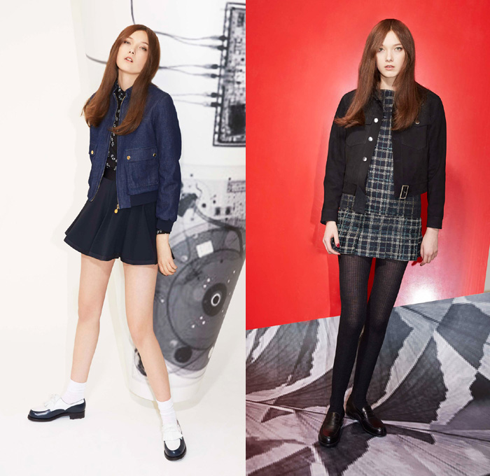 Maison Kitsuné 2014-2015 Fall Autumn Winter Womens Lookbook Presentation - Paris France Fashion - Colored Denim Jeans Bomber Jacket Circle Poodle Skirt Flowers Florals Plaid Checks Tights Leggings Nautical Parka Outerwear Penny Loafers Blazer Cocktail Jacket Stripes Ribbon Zigzag Sweater Jumper Velvet Animal Fox Trench Coat Ruffles