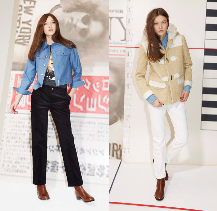 Maison Kitsuné 2014-2015 Fall Autumn Winter Womens Lookbook Presentation - Paris France Fashion - Colored Denim Jeans Bomber Jacket Circle Poodle Skirt Flowers Florals Plaid Checks Tights Leggings Nautical Parka Outerwear Penny Loafers Blazer Cocktail Jacket Stripes Ribbon Zigzag Sweater Jumper Velvet Animal Fox Trench Coat Ruffles