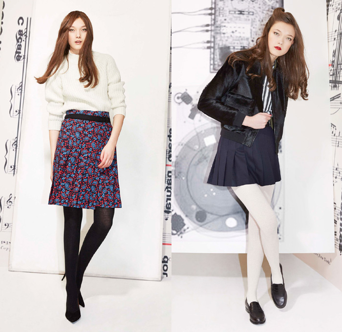 Maison Kitsuné 2014-2015 Fall Autumn Winter Womens Lookbook Presentation - Paris France Fashion - Colored Denim Jeans Bomber Jacket Circle Poodle Skirt Flowers Florals Plaid Checks Tights Leggings Nautical Parka Outerwear Penny Loafers Blazer Cocktail Jacket Stripes Ribbon Zigzag Sweater Jumper Velvet Animal Fox Trench Coat Ruffles