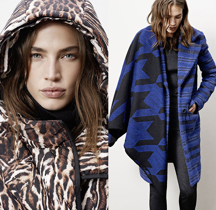 (01a) Coat GHANA - (01b) Coat KAROLINA - Print Shawl GENTIL - Flared Pants GLORIA - maje 2014-2015 Fall Autumn Winter Womens Lookbook Collection - Designer Judith Milgrom - Outerwear Parka Leopard Cheetah Safari Jungle Down Coat Quilted Shawl Ethnic Tribal Print Graphic Pattern Grommets Stripes Plaid Faux Fur Furry Metallic Wrap Dress Bomber Jacket Motorcycle Moto Biker Rider Embroidery Flowers Florals Lace Velvet Knit Sweater Jumper Tights Skirt Frock Sheer Chiffon Peek-A-Boo Boots