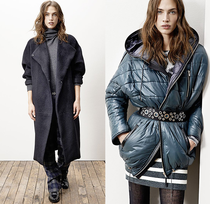 (02a) Coat GERMAIN - Tutleneck GRAZZLY - Trousers GARDENING - (02b) Parka GISSI - Sweater KAPSULE - Miniskirt GESTE - maje 2014-2015 Fall Autumn Winter Womens Lookbook Collection - Designer Judith Milgrom - Outerwear Parka Leopard Cheetah Safari Jungle Down Coat Quilted Shawl Ethnic Tribal Print Graphic Pattern Grommets Stripes Plaid Faux Fur Furry Metallic Wrap Dress Bomber Jacket Motorcycle Moto Biker Rider Embroidery Flowers Florals Lace Velvet Knit Sweater Jumper Tights Skirt Frock Sheer Chiffon Peek-A-Boo Boots