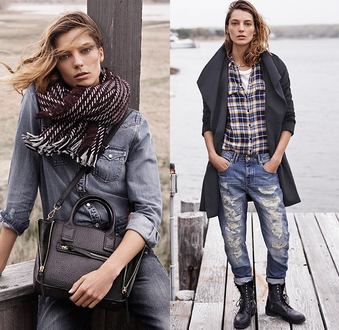 Mango 2014-2015 Fall Autumn Winter Womens Lookbook Collection with Daria Werbowy - Denim Jeans Outerwear Jacket Shearling Furry Leather Knit Scarf Destroyed Destructed Ripped Frayed Holes Vintage Distressed Coat Draped Lapel Boots Sweater Jumper Checks Vest Waistcoat Fringes Chunky Knit Jogging Sweatpants Shirtdress Plaid Cardigan