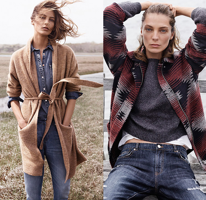 Mango 2014-2015 Fall Autumn Winter Womens Lookbook Collection with Daria Werbowy - Denim Jeans Outerwear Jacket Shearling Furry Leather Knit Scarf Destroyed Destructed Ripped Frayed Holes Vintage Distressed Coat Draped Lapel Boots Sweater Jumper Checks Vest Waistcoat Fringes Chunky Knit Jogging Sweatpants Shirtdress Plaid Cardigan