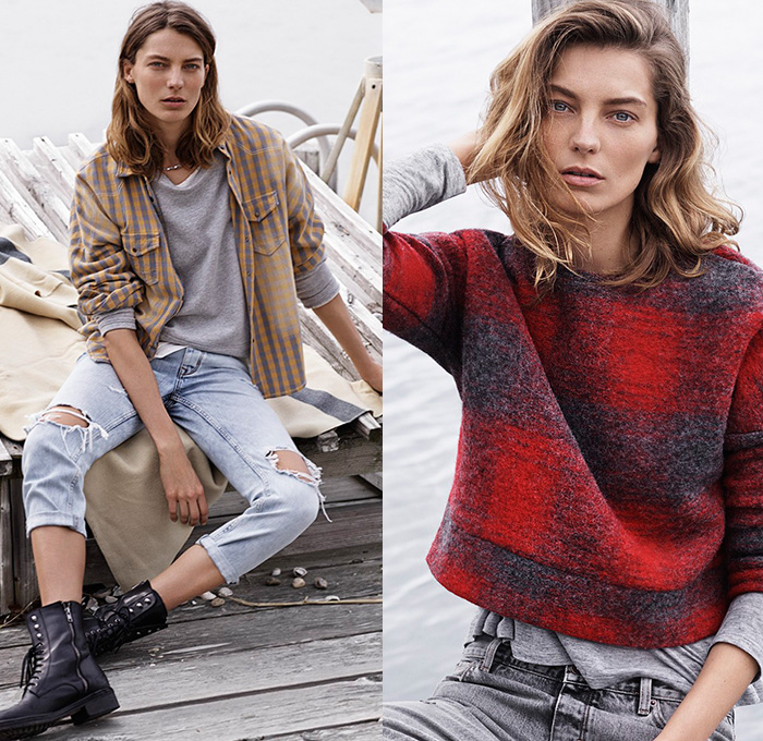 Mango 2014-2015 Fall Autumn Winter Womens Lookbook Collection with Daria Werbowy - Denim Jeans Outerwear Jacket Shearling Furry Leather Knit Scarf Destroyed Destructed Ripped Frayed Holes Vintage Distressed Coat Draped Lapel Boots Sweater Jumper Checks Vest Waistcoat Fringes Chunky Knit Jogging Sweatpants Shirtdress Plaid Cardigan