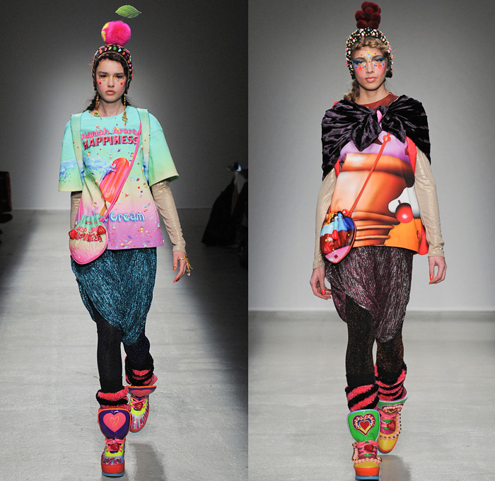Manish Arora 2014-2015 Fall Autumn Winter Womens Runway Looks - Paris Fashion Week Mode à Paris Prêt à Porter Défilés - Colorful Prints Illustrations Graphic Art Popsicle Hearts Fruits Candycane Stripes Cupcake Hearts Mountains Snow Flowers Florals Leggings Ribbon Capelet Hanging Sleeve Sweater Jumper Hoodie Embroidery Belt Fanny Pack Infant Baby Holster Carrier Skirt Frock Dress Teddy Bear