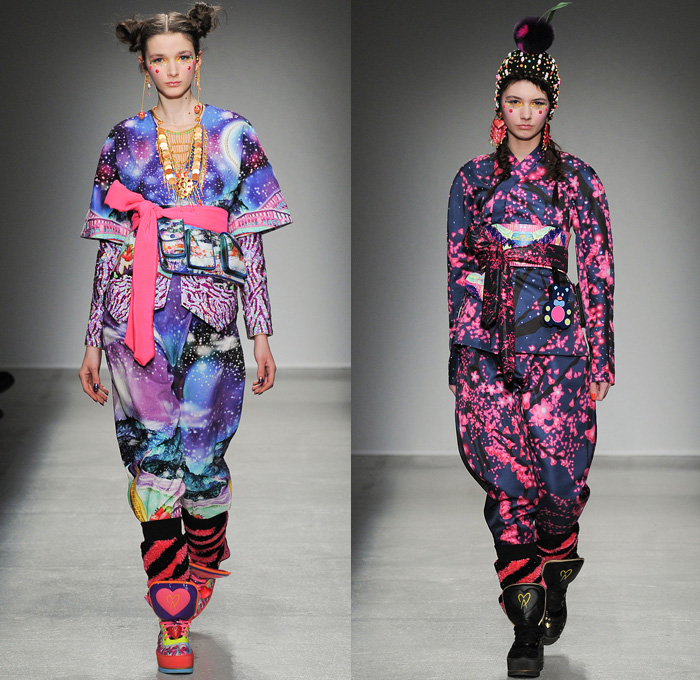Manish Arora 2014-2015 Fall Autumn Winter Womens Runway Looks - Paris Fashion Week Mode à Paris Prêt à Porter Défilés - Colorful Prints Illustrations Graphic Art Popsicle Hearts Fruits Candycane Stripes Cupcake Hearts Mountains Snow Flowers Florals Leggings Ribbon Capelet Hanging Sleeve Sweater Jumper Hoodie Embroidery Belt Fanny Pack Infant Baby Holster Carrier Skirt Frock Dress Teddy Bear