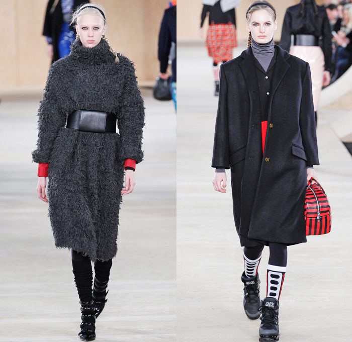 Marc by Marc Jacobs 2014-2015 Fall Autumn Winter Womens Runway Looks - MBMJ New York Fashion Week Catwalk - Denim Jeans BMV Motocross Belted Waist Outerwear Oversized Coat Blazer Leggings Athletic Sporty Streetwear Wide Leg Culottes Gauchos Knit Shorts Big Bow Tie Turtleneck Plaid Checks Romper Jumpsuit Sweaterdress Stripes Robe Wrap Kimono