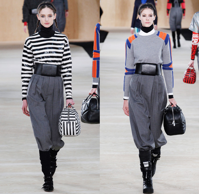 Marc by Marc Jacobs 2014-2015 Fall Autumn Winter Womens Runway Looks - MBMJ New York Fashion Week Catwalk - Denim Jeans BMV Motocross Belted Waist Outerwear Oversized Coat Blazer Leggings Athletic Sporty Streetwear Wide Leg Culottes Gauchos Knit Shorts Big Bow Tie Turtleneck Plaid Checks Romper Jumpsuit Sweaterdress Stripes Robe Wrap Kimono