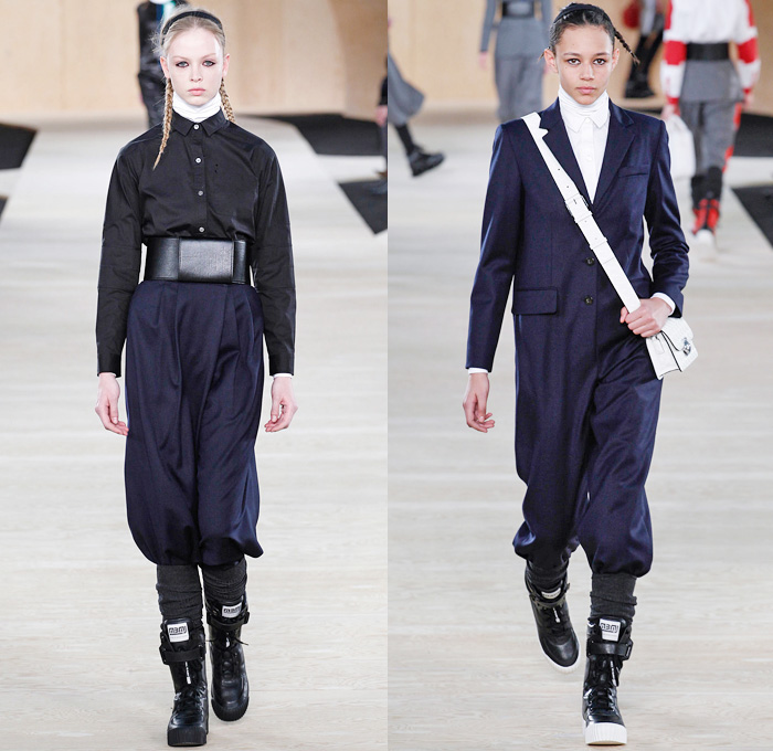 Marc by Marc Jacobs 2014-2015 Fall Autumn Winter Womens Runway Looks - MBMJ New York Fashion Week Catwalk - Denim Jeans BMV Motocross Belted Waist Outerwear Oversized Coat Blazer Leggings Athletic Sporty Streetwear Wide Leg Culottes Gauchos Knit Shorts Big Bow Tie Turtleneck Plaid Checks Romper Jumpsuit Sweaterdress Stripes Robe Wrap Kimono